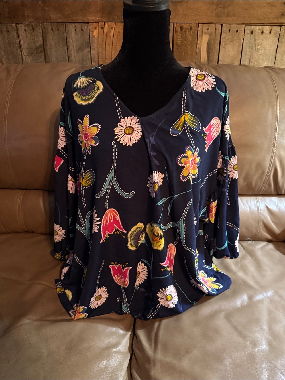 Navy Floral V-Neck Tunic with Pink & Yellow Blooms